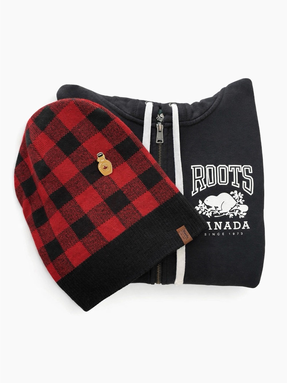 Roots Bundle Black Hoodie, Buffalo Plaid Beanie Maple Syrup